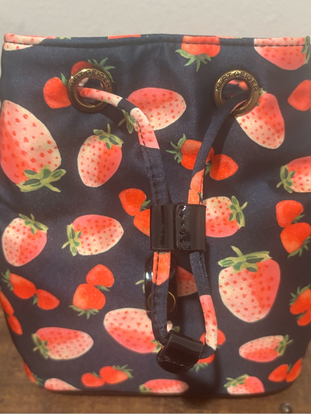 Kurt Geiger Navy Backpack with Red Strawberry Print - Picture 7 of 10